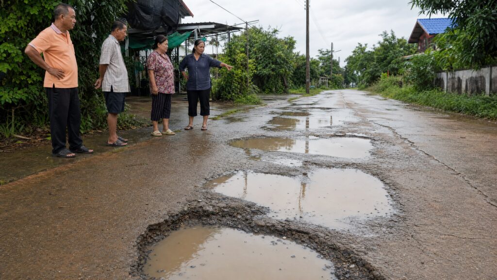 ภาพข่าวถนนชำรุดมีน้ำขังและชาวบ้านสะท้อนปัญหาในพื้นที่ชุมชน